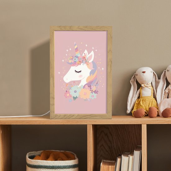 Nachtlampje 20x30 cm - Kinder lamp - Eenhoorn - Roze - Bloemen - Tafellamp kinderkamer - Slaapkamer lamp - Bedlamp kinderen - Kinderlampje stopcontact - Wandlamp babykamer - Nachtlampjes van Merkloos — afbeelding 3