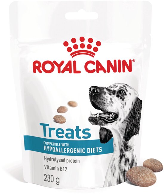 White pouch with ROYAL CANIN logo, dog, and three treats.