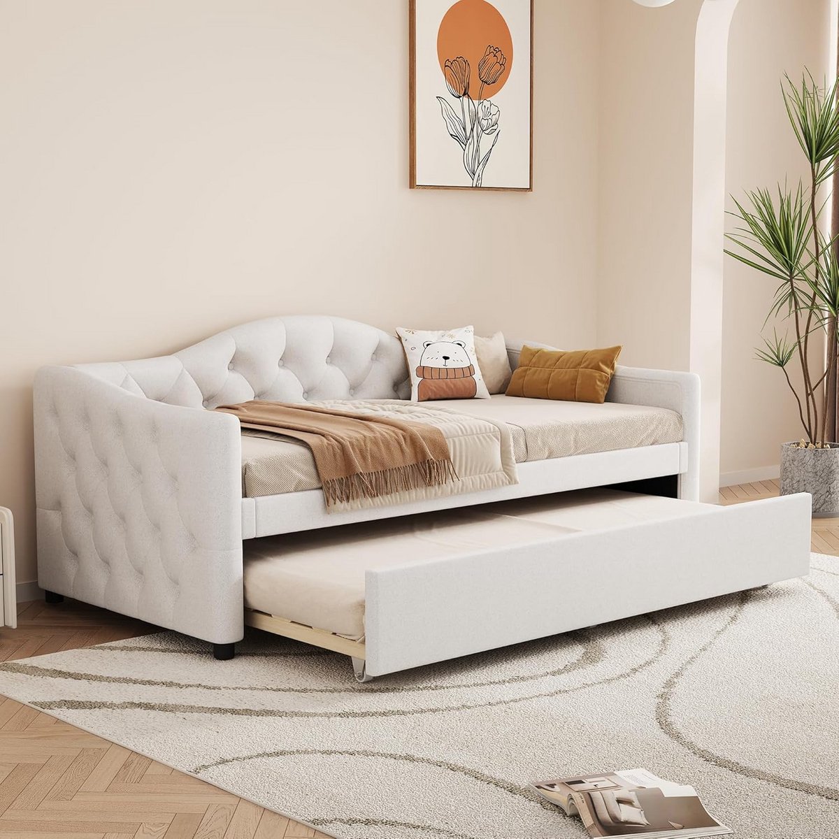 Uittrekbaar Dagbed met Slaapbankfunctie 90x200 cm Beige Linnen