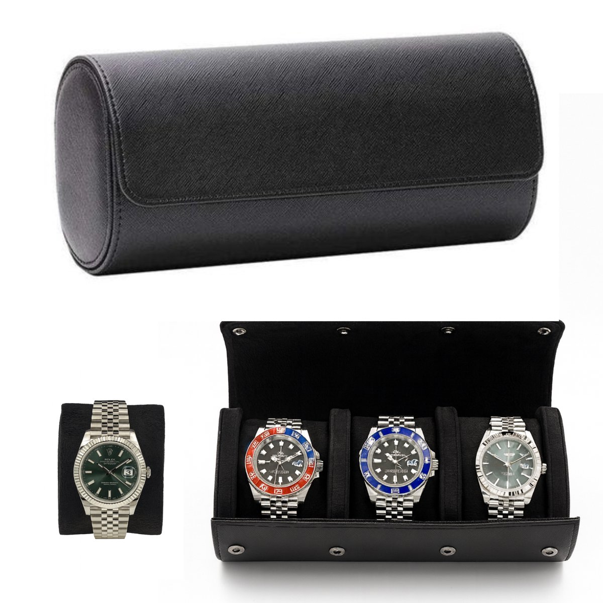 Pretty Goods Vintage - Sieradenopbergdoos- Watch Roll - Reisaccessoires - Leer Suede - 3 Horloges - Zwart