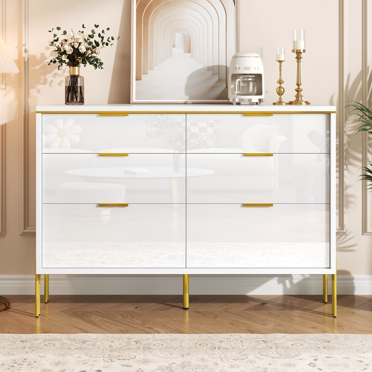 Sideboard met 6 Laden, Wit Hoge Glans met Gouden Handgrepen, Modern Opbergmeubel voor Woonkamer, Eetkamer of Hal