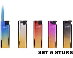 PROF Luxe Geanodiseerde Stormaansteker Set (5 stuks) – Instelbare Turbovlam – Navulbaar – Windproof Metal Torch Lighters