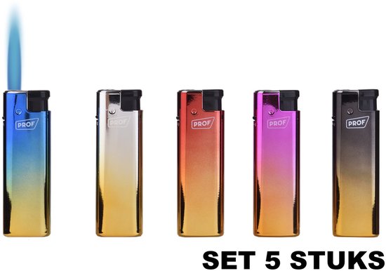 Set van 5 Prof aanstekers met regenboogkleurige, geanodiseerde metallic afwerking. Eén aansteker met vlam.