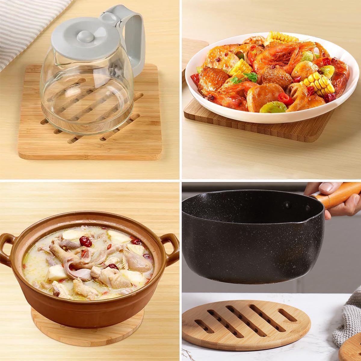 4-Delige Set Bamboe Onderzetters: Vierkant & Rond Voor Warme Potten en Borden (17CM)