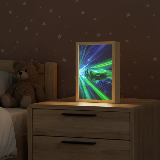 Nachtlampje 20x30 cm - Kinder lamp - Snelheid - Licht - Sportwagen - Groen - Tafellamp kinderkamer - Slaapkamer lamp - Bedlamp kinderen - Kinderlampje stopcontact - Wandlamp babykamer - Nachtlampjes van Decofun — afbeelding 2