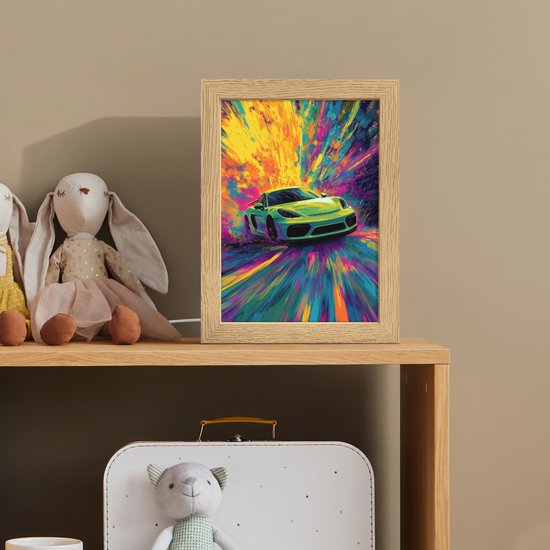 Nachtlampje 15x20 cm - Kinder lampje - Sportauto - Groen - Verfstrepen - Kleuren - Tafellamp kinderkamer - Slaapkamer lamp - Bedlamp kinderen - Kinderlampje stopcontact - Wandlamp babykamer - Nachtlampjes van Merkloos — afbeelding 3