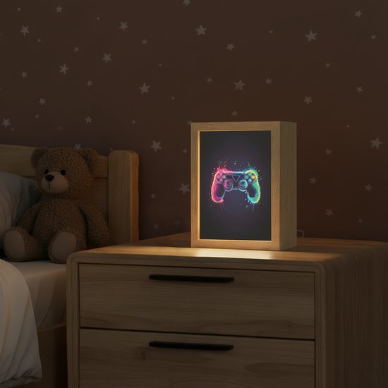 Nachtlampje 15x20 cm - Kinder lamp - Grafisch - Controller - Neon - Verfspatten - Tafellamp kinderkamer - Slaapkamer lamp - Bedlamp kinderen - Kinderlampje stopcontact - Wandlamp babykamer - Nachtlampjes van Merkloos — afbeelding 2