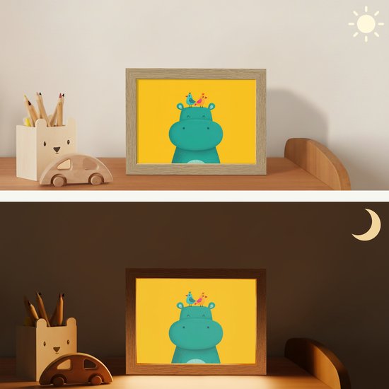 Nachtlampje 20x15 cm - Kinder lamp - Nijlpaard - Vogels - Groen - Geel - Tafellamp kinderkamer - Slaapkamer lamp - Bedlamp kinderen - Kinderlampje stopcontact - Wandlamp babykamer - Nachtlampjes van Dalber — afbeelding 4