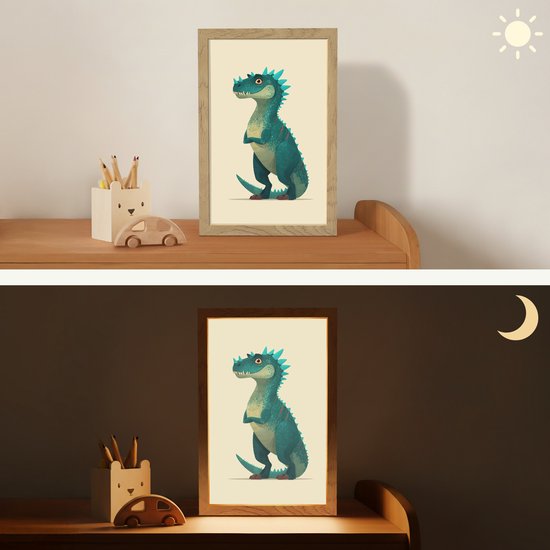 Nachtlampje 20x30 cm - Kinder lamp - Dinosaurus - Turquoise - Stekels - Tafellamp kinderkamer - Slaapkamer lamp - Bedlamp kinderen - Kinderlampje stopcontact - Wandlamp babykamer - Nachtlampjes van Happy Lights — afbeelding 4