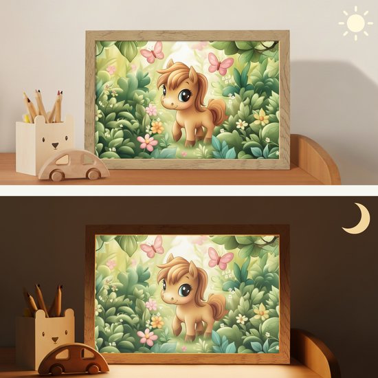 Nachtlampje 30x20 cm - Kinder lamp - Pony - Bruin - Cartoon - Vlinders - Tafellamp kinderkamer - Slaapkamer lamp - Bedlamp kinderen - Kinderlampje stopcontact - Wandlamp babykamer - Nachtlampjes van Merkloos — afbeelding 4