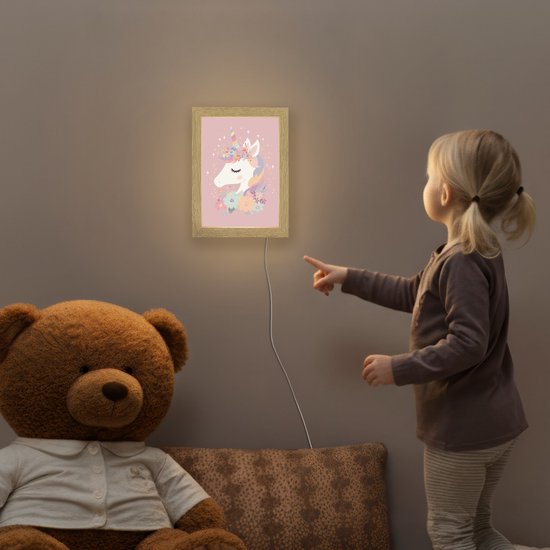 Nachtlampje 15x20 cm - Kinder lamp - Eenhoorn - Roze - Bloemen - Tafellamp kinderkamer - Slaapkamer lamp - Bedlamp kinderen - Kinderlampje stopcontact - Wandlamp babykamer - Nachtlampjes van Merkloos — afbeelding 5