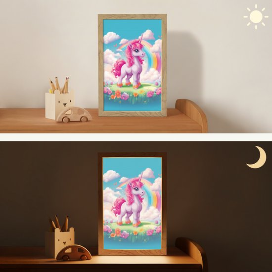 Nachtlampje 20x30 cm - Kinder lamp - Unicorn - Meisjes - Bloemen - Regenboog - Eenhoorn - Tafellamp kinderkamer - Slaapkamer lamp - Bedlamp kinderen - Kinderlampje stopcontact - Wandlamp babykamer - Nachtlampjes van Merkloos — afbeelding 4