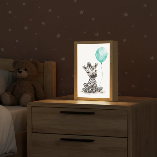 Nachtlampje 20x30 cm - Kinder lamp - Zebra - Baby dier - Blauwe ballon - Tafellamp kinderkamer - Slaapkamer lamp - Bedlamp kinderen - Kinderlampje stopcontact - Wandlamp babykamer - Nachtlampjes van Merkloos — afbeelding 2