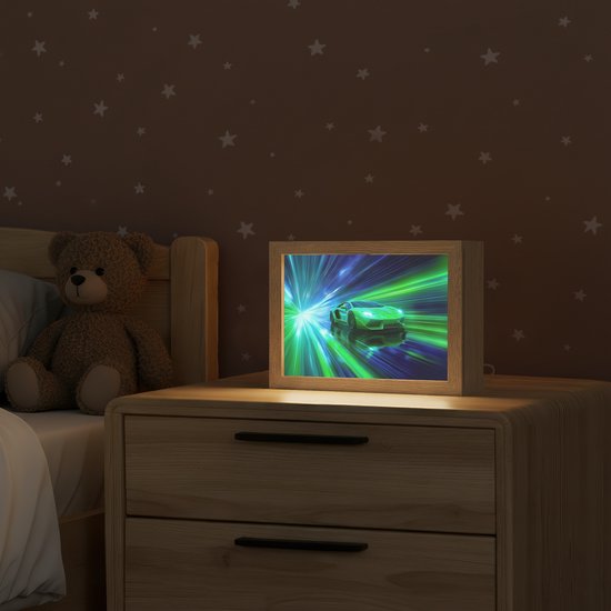 Nachtlampje 20x15 cm - Kinder lamp - Snelheid - Licht - Sportwagen - Groen - Tafellamp kinderkamer - Slaapkamer lamp - Bedlamp kinderen - Kinderlampje stopcontact - Wandlamp babykamer - Nachtlampjes van Merkloos — afbeelding 2