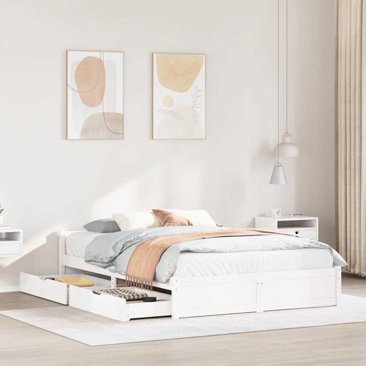 Houten Tweepersoons Bed met Opberglades 120x200 cm - Stevig Wit Bedframe