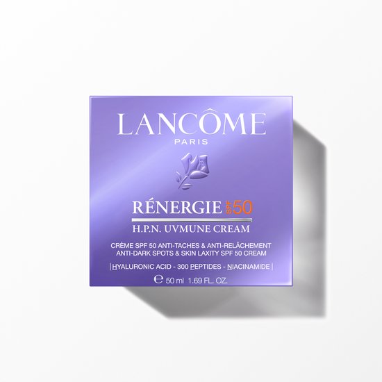 Vierkante verpakking Lancôme Rénergie H.P.N. UVMUNE SPF50 crème, paars met witte tekst en roos-logo.