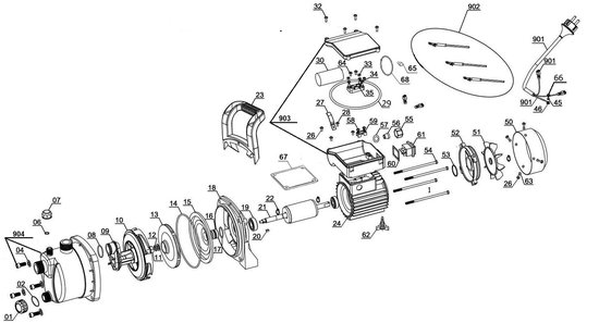 Gedetailleerde technische tekening van een waterpomp met onderdelen genummerd.
