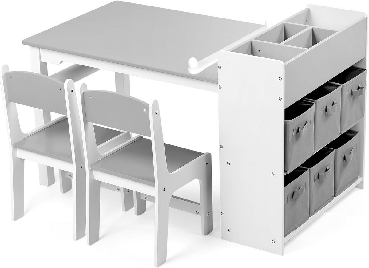 Kindertafel met 2 Houten Stoelen en Opbergvakken Tafelblad Kantelbaar