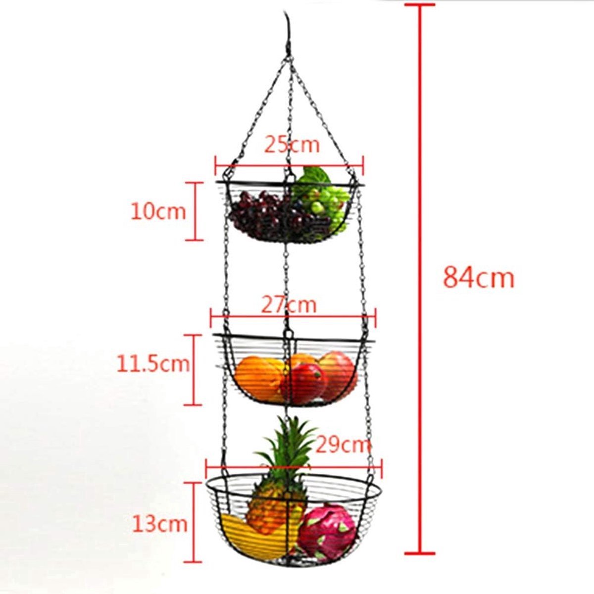 Stunq® Fruitmand hangend met haken, 3 etages, hangrek, in hoogte individueel instelbaar, de keukenlamp om op te hangen in landelijke stijl, ijzeren manden, fruithangmand voor keuken, restaurants