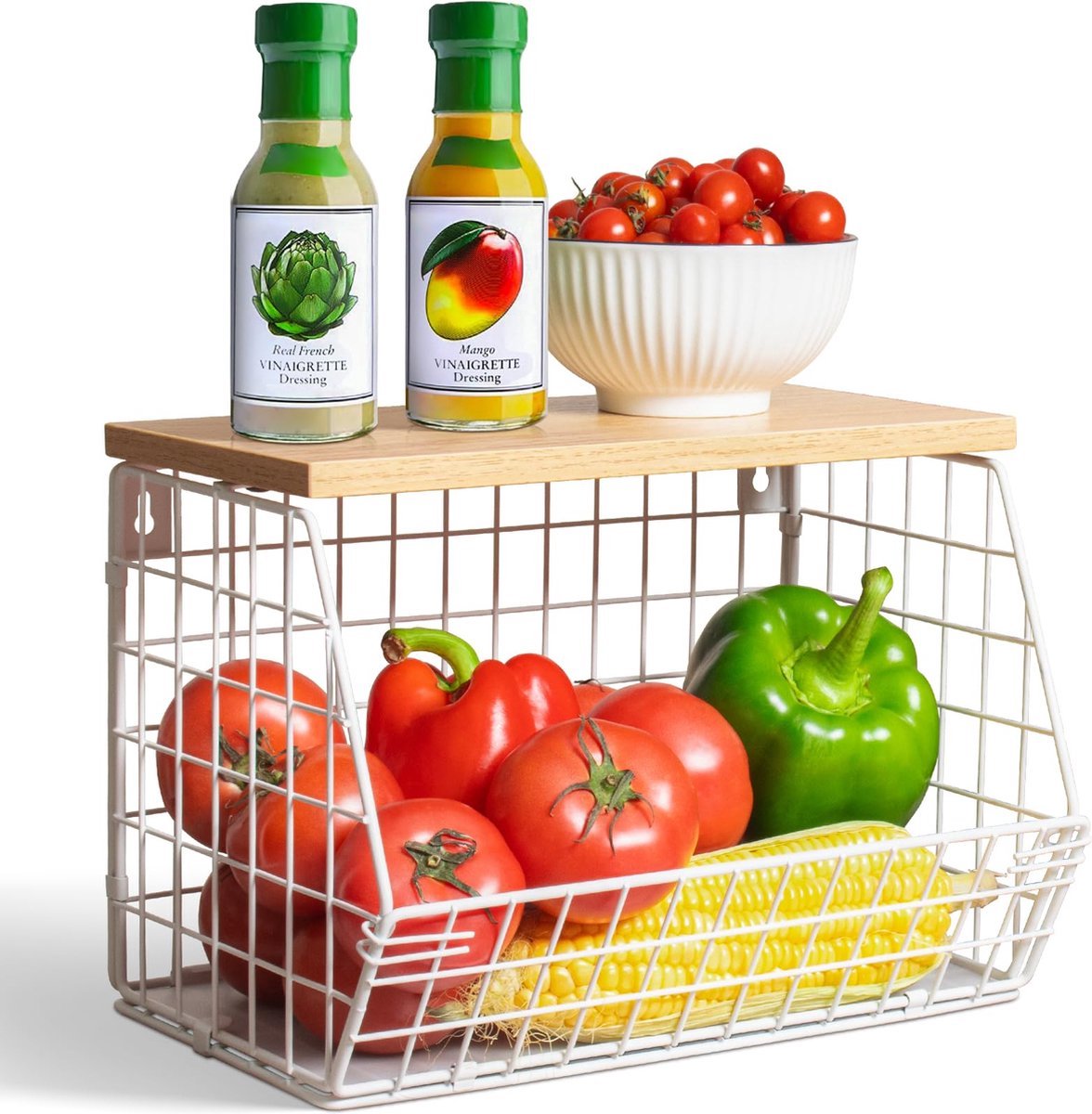 Stunq® Veelzijdige Stapelbare Keukenmanden met Houten Deksel en Bananenhaken voor Ruimtebesparing