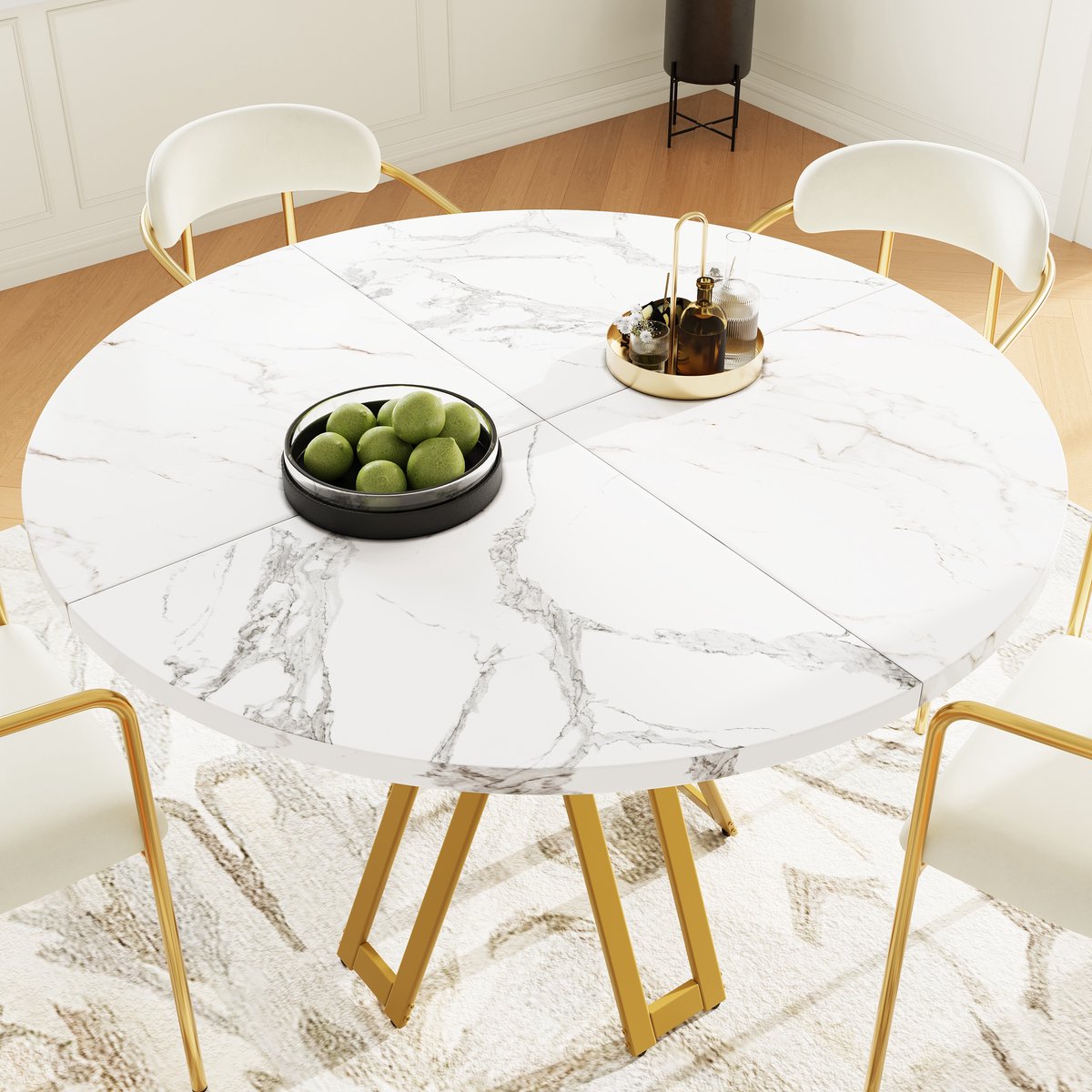 Ronde eettafel 100 x 100 x 76 cm - voor eetkamer en woonkamer - gouden tafelpoten - tafelblad met marmerpatroon
