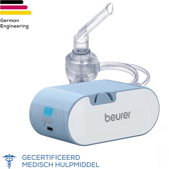 Beurer medisch hulpmiddel inhalator met blauw apparaat en vernevelaar. Gecertificeerd, met Duitse techniek.