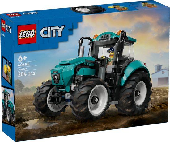 Doos van LEGO City Tractor 60498 met tractor in een veld.