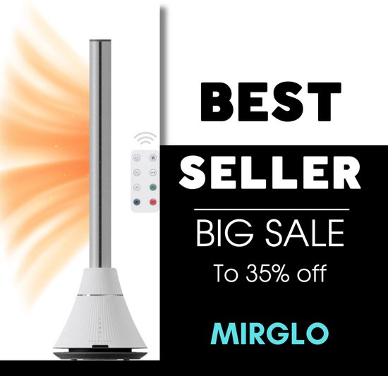 Black Friday – 35% Korting – BASOO BS-7100 Bladloze Ventilatortoren Wit – 2-in-1 Slimme Verwarming & Koeling – Stille Ventilator met Afstandsbediening