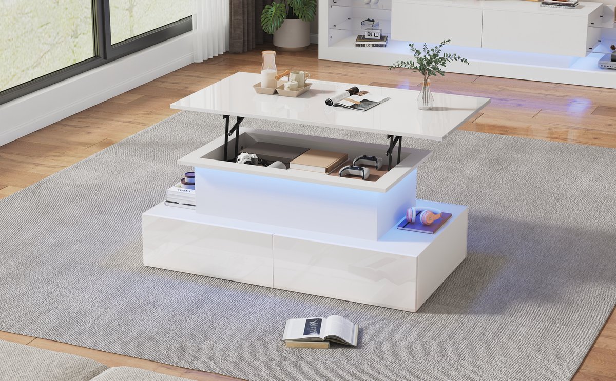 Wishdor Salontafel 90x55x41 cm van spaanplaat, hoogglans wit met LED-verlichting en 4 lades
