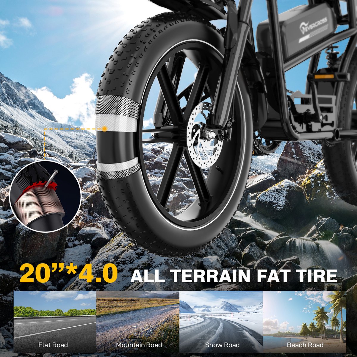 EVERCROSS EK30 Elektrische Fatbike | Off-road E-bike met 20*4.0" dikke banden | 48V 13AH verwijderbare lithiumbatterij - Max 90 km bereik | Max 25km/u | 7 versnellingen| Zwart - afbeelding 3