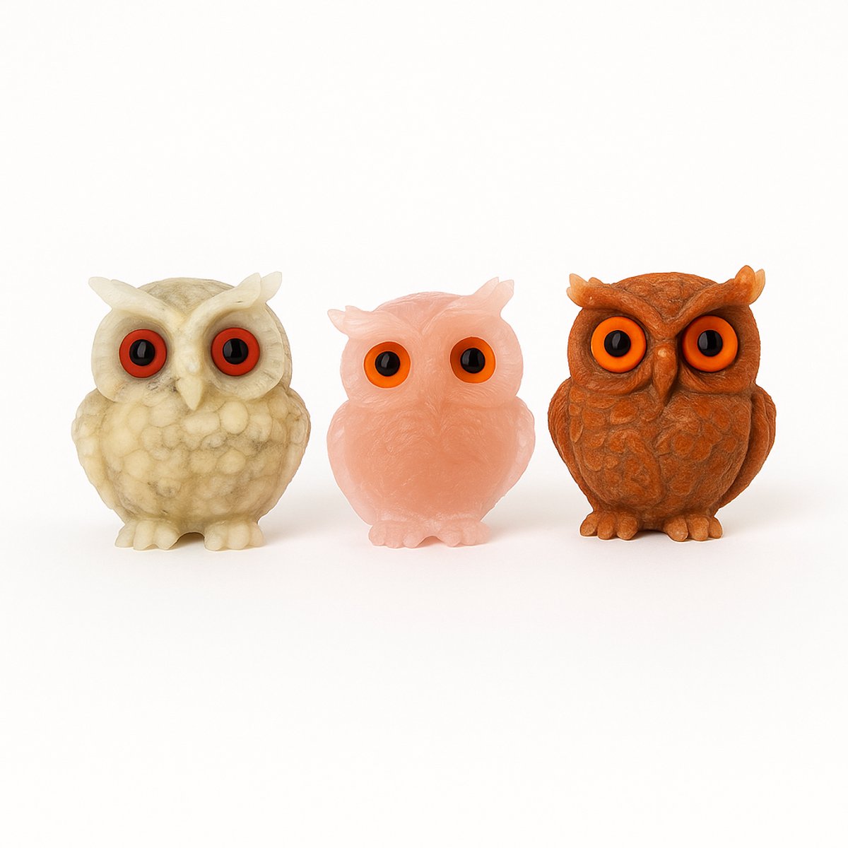 S4H – Set van 3 Edelsteen Uilen | Rode Jaspis, Howliet & Rozenkwarts – Bescherming, Rust & Liefde