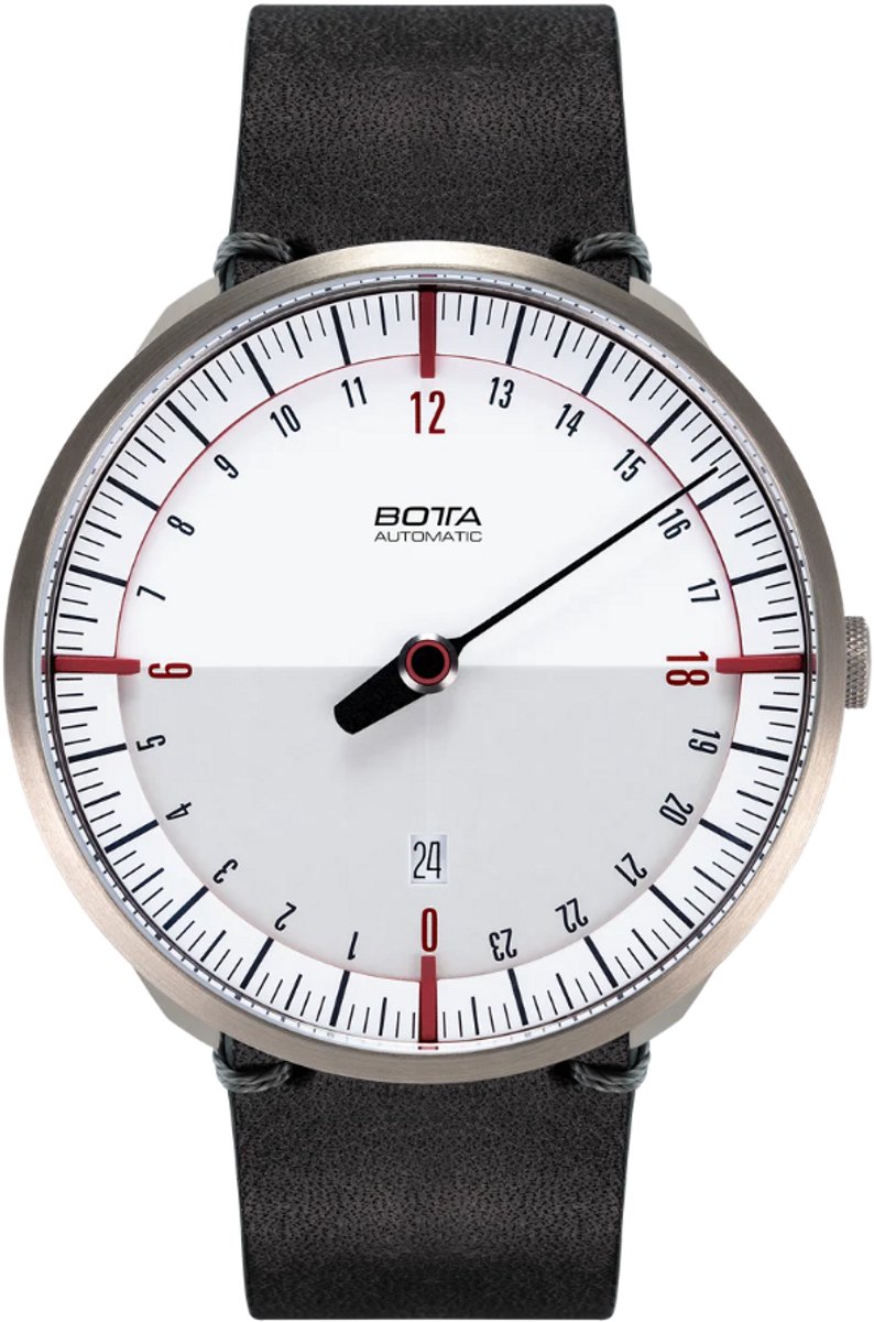 BOTTA Horloge UNO 24 Automatisch 24-uurs - Eenwijzer - Wit-Rood - Zwart Leren Band - 45 mm