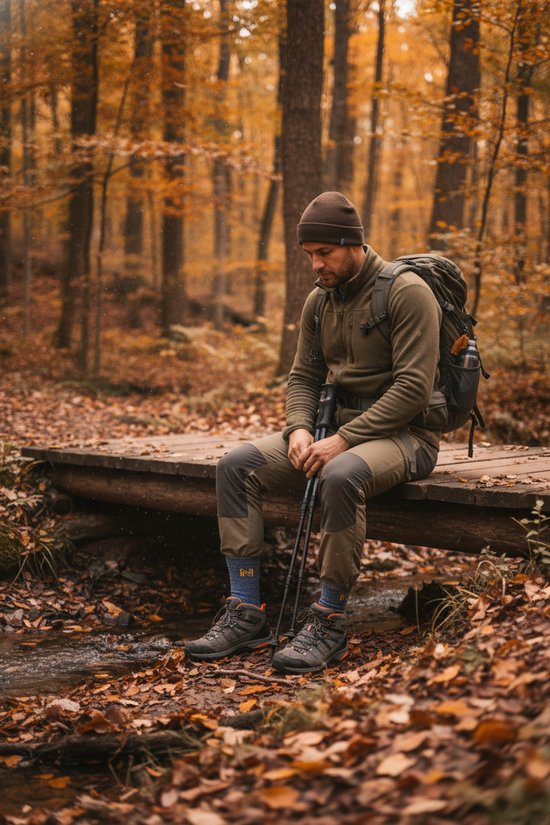 Man met bruine muts en olijfgroene outfit, zittend op een houten brug in herfstbos, met wandelstokken en rugzak.
