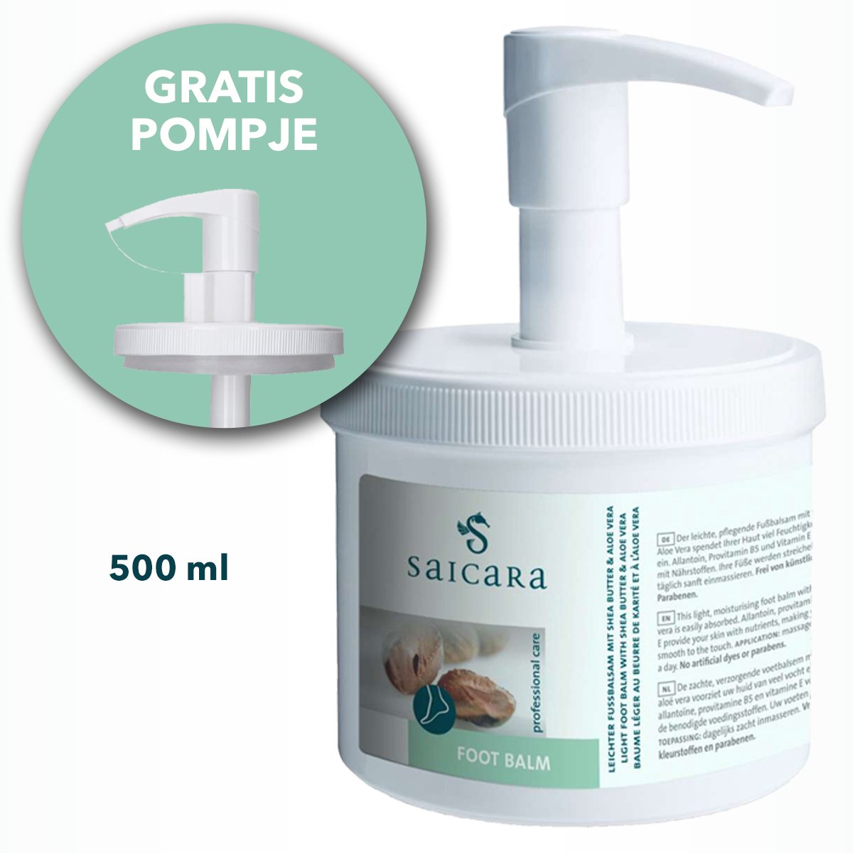 SAICARA FOOT BALM - 500ml - Set met handige GRATIS doseerpomp - Voedende en herstellende voetencreme - Voetcreme voor droge voeten - Vrij van parabenen en kunstmatige kleurstoffen - Met Sheaboter en Macadamia olie