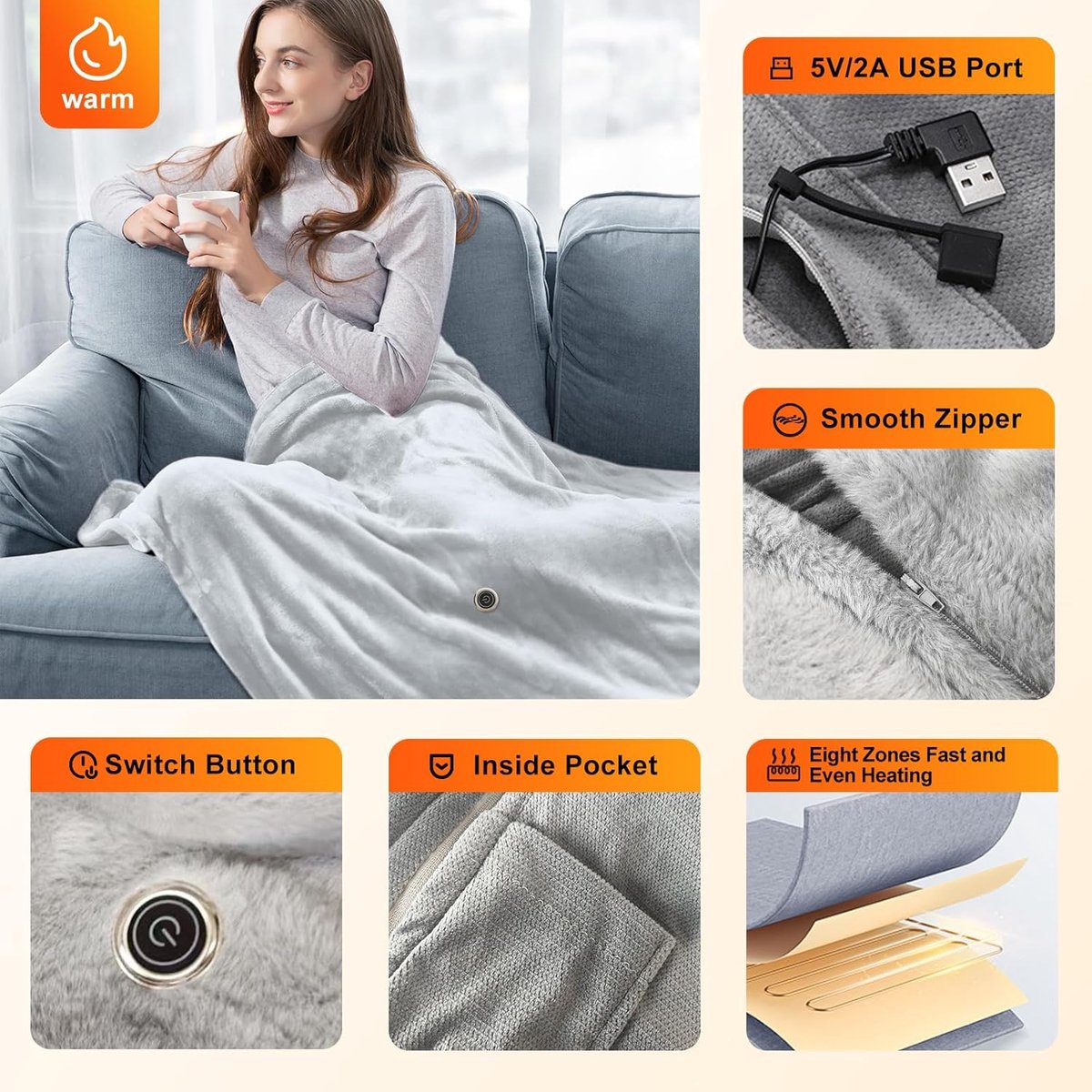 Warmtedeken - Elektrisch Verwarmde Sjaal met USB-Aansluiting - Draadloze Verwarmde Deken - 3 Warmtestanden - Verwarmde Sjaal/Poncho/Omslagdeken met Ritssluiting - Ideaal Voor Buiten - Op Reis Of Tijdens Het Kamperen - Batterij Niet Inbegrepen – foto 6