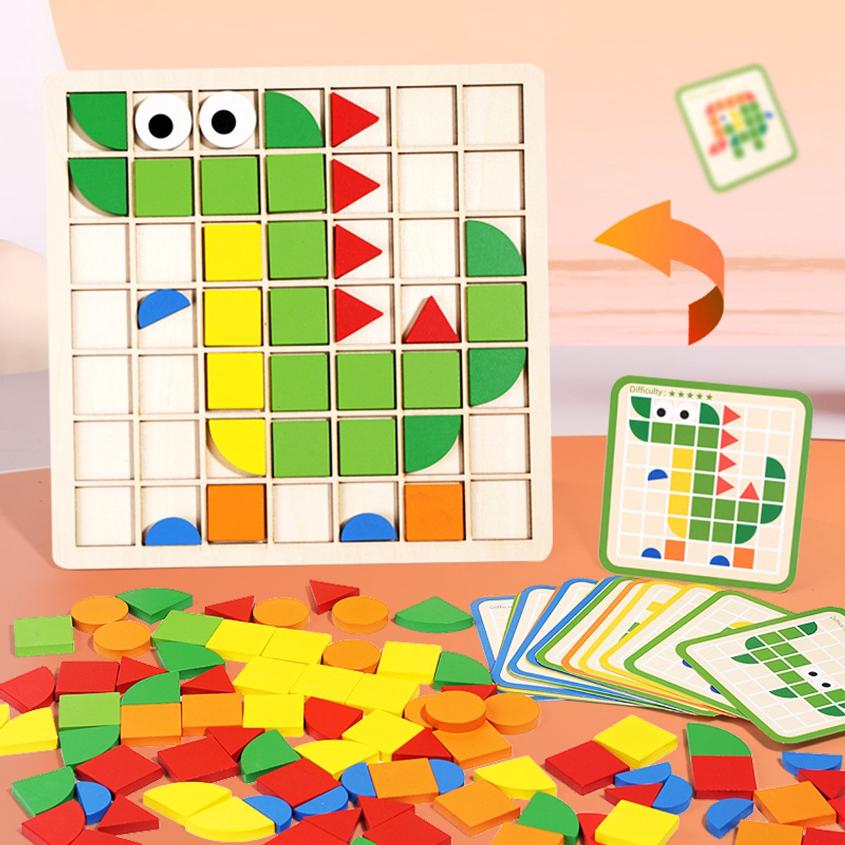 Houten Mozaïek Puzzel 120 Stuks - Montessori Speelgoed - Educatief Speelgoed - Vanaf 3 Jaar – 120 Stuks – Motoriek & Creativiteit - Inclusief Voorbeeldkaarten - Cadeau Tip — afbeelding 2