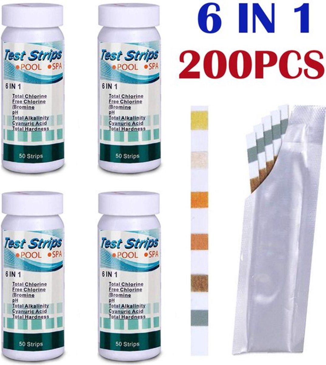 200 Stuks - 6 in 1 Teststrips Zwembad - PH en Chloor - Zwembad Test Strips - Zwembad onderhoud - Waterkwaliteit - Zwembad PH Tester - Teststrips voor water in zwembad - Teststrips jacuzzi