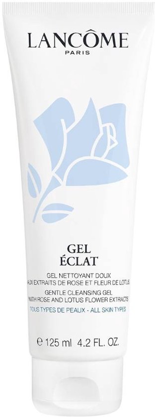 Lancôme Gel Éclat 125ml zachte reinigingsgel met roos- en lotusbloemextracten in een witte tube.