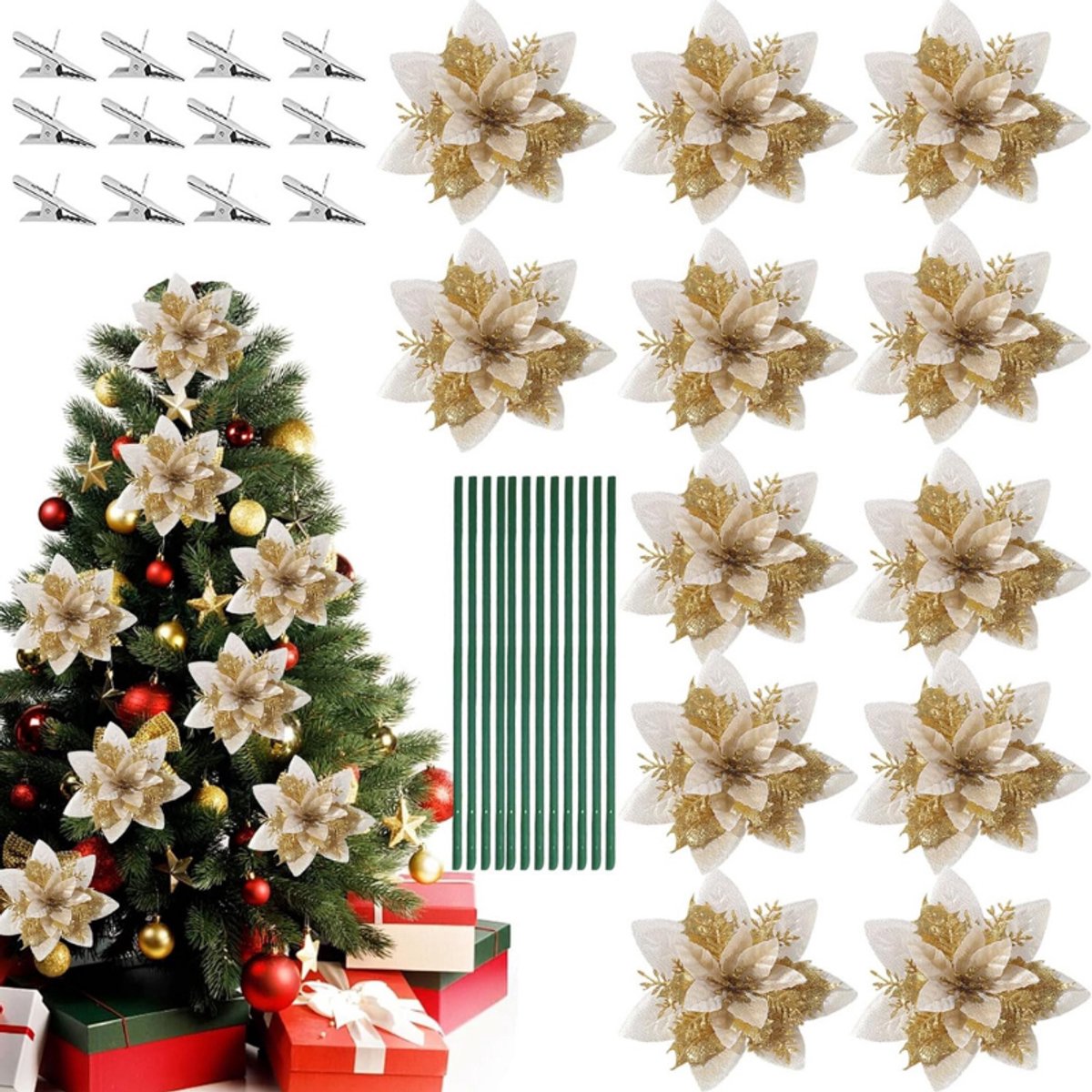 Kerst Sterren Kunstbloemen 12 Stuks Kerstbloemen Glitter Kunst Poinsettia Kerst Ster Decoratieve Bloemen Kerstbloemen Met 12 Stuks Vooraf Gemonteerde Clips