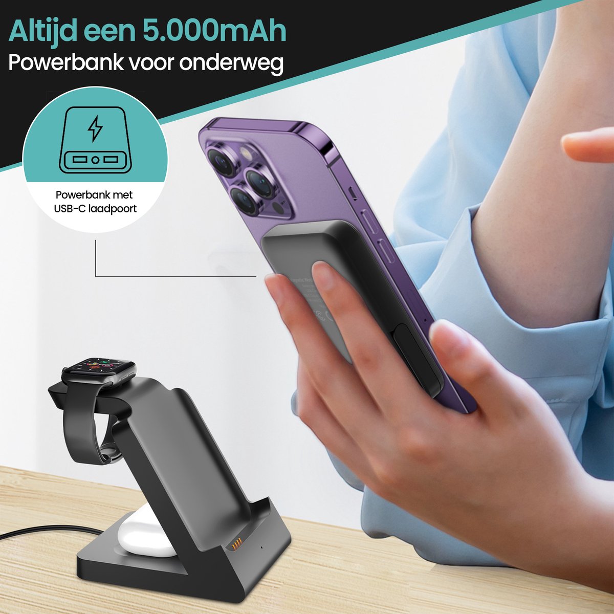 Banky MagSafe Powerbank 5.000mAh Draadloos Oplaadstation - afbeelding 3