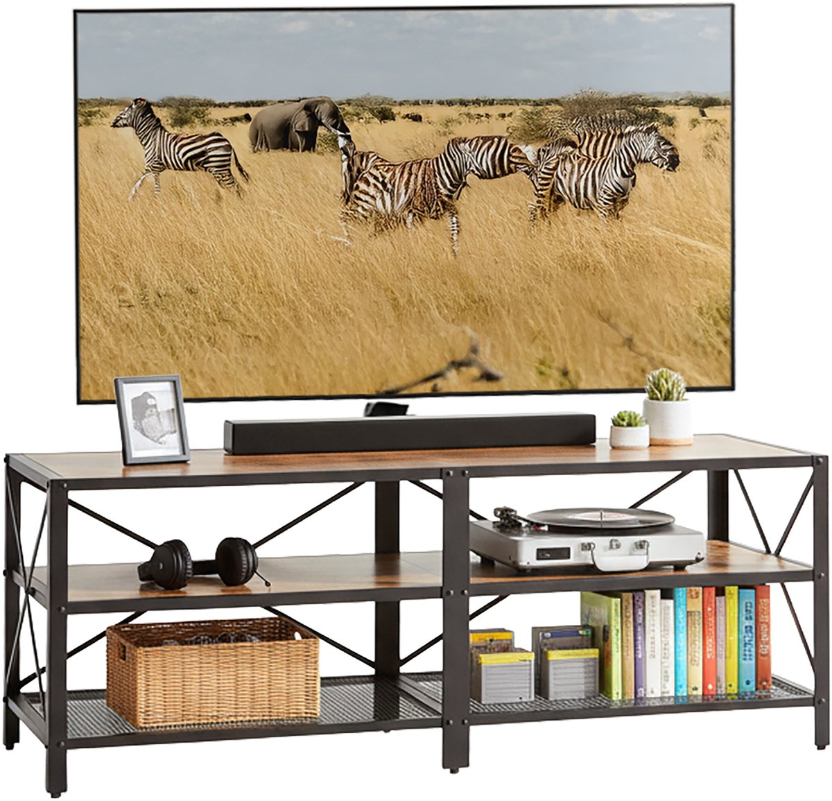 Relaxdays Tv-kast - 140 cm breed - industrieel - bruin-zwart