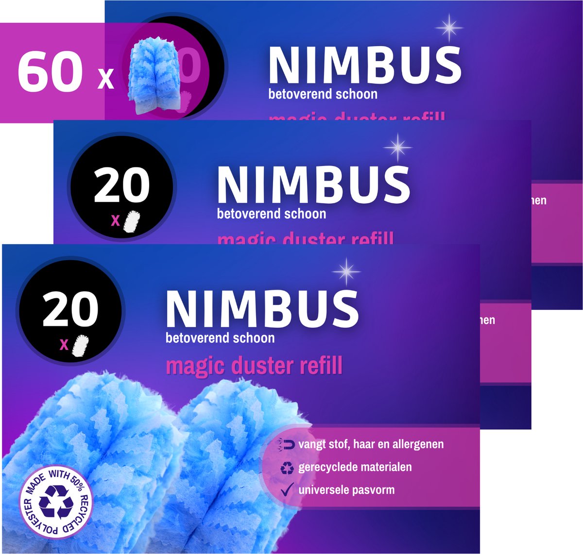 NIMBUS Magic Duster Navullingen – 60 Stuks – Geschikt voor Swiffer Duster – Plumeau Refill – Vangt Stof & Haren – Voordeelverpakking