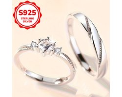 Sjika - S925 Sterling Silver Plated Unisex Koppelring Set – Trouwringen / Verlovingsringen / Vriendschapsringen - One Size – 2-Delige Ringenset met Zirkonia - Cadeau