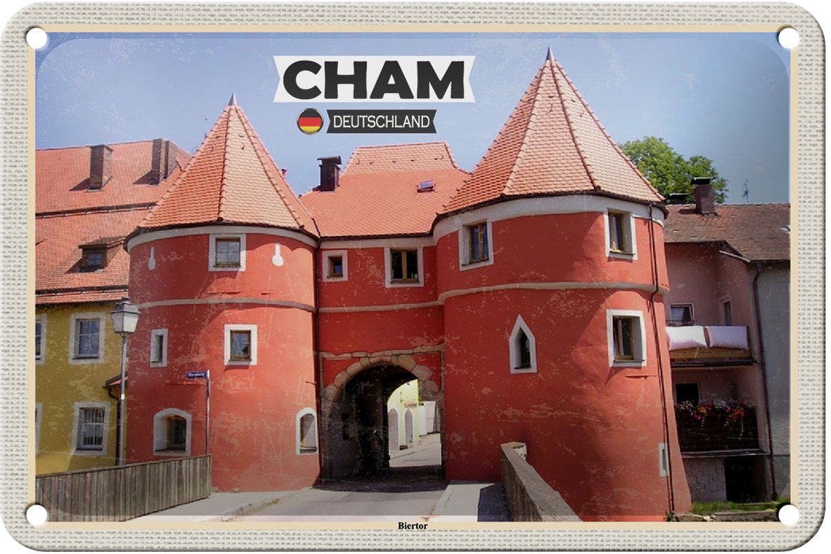 Blechschild Städte Cham Biertor Architektur Wanddeko 18x12cm Schild