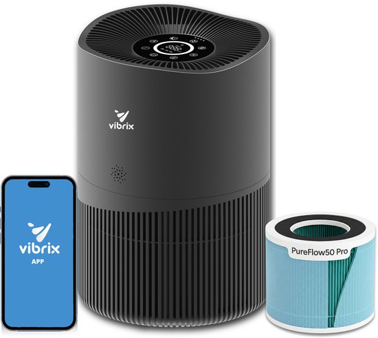 Vibrix PureFlow50 Pro Luchtreiniger / Air Purifier – HEPA H14 + koolstoffilter – 350 m³/u – Voor kamers tot ca. 50 m² – Ionisator – App-bediening – Zeer stil met slaapstand – Luchtkwaliteitindicator