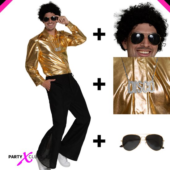 Partyxclusive 5-Pièces Costume Disco Goud Chemise/Pantalon/Perruque/Lunettes/Chaîne Disco Mauvaise Party Outfit Hommes Rétro Vêtements de Déguisement Vêtements de Carnaval Hommes - Goud - Polyester - L