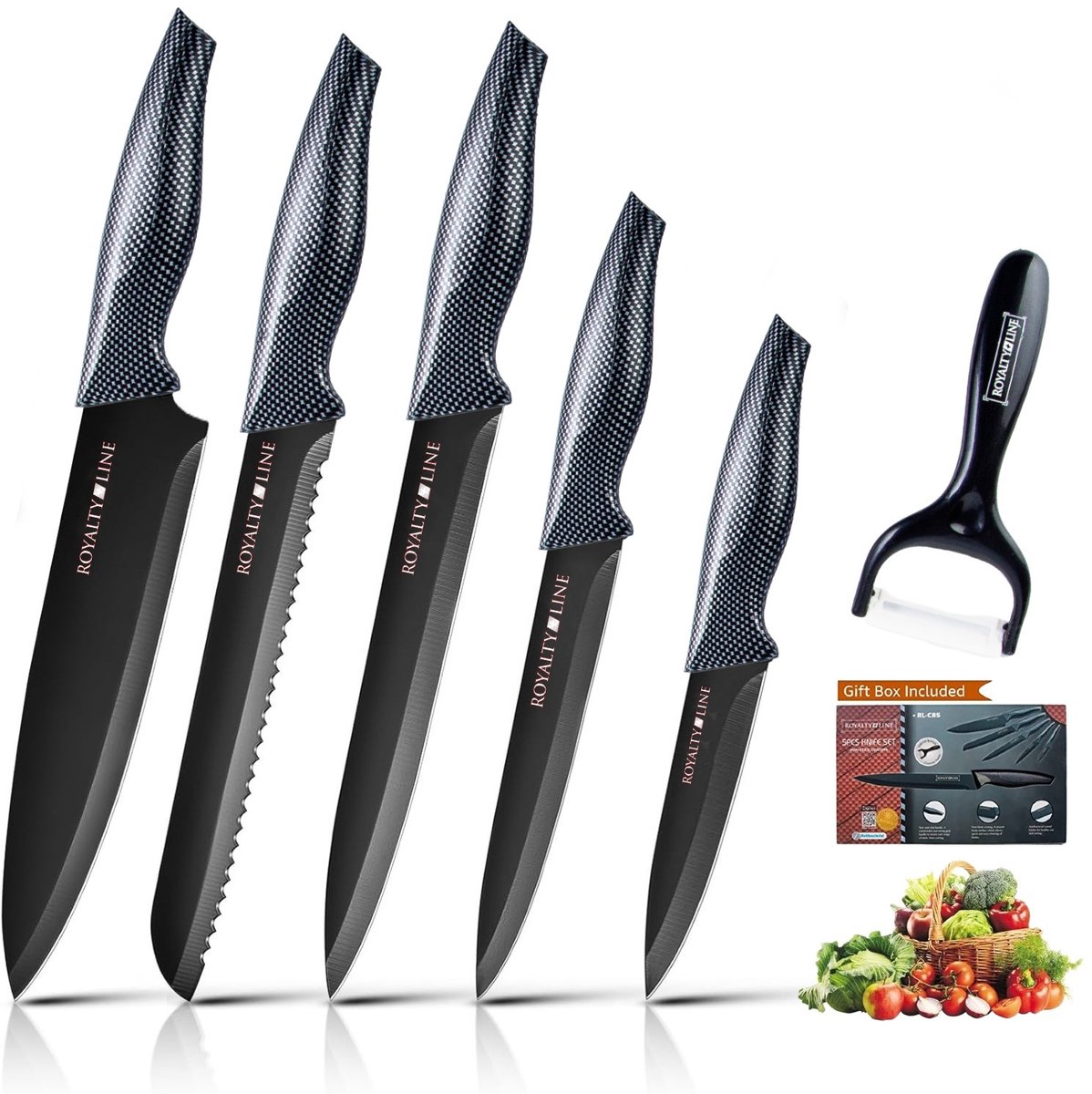 Royalty Line® CB5 Messenset - Luxe 6 Delig Keukenmessenset - Keukenmes - Broodmes - Vleesmes - Dunschiller - Schilmes - Antiaanbaklaag - Zwart / Carbon