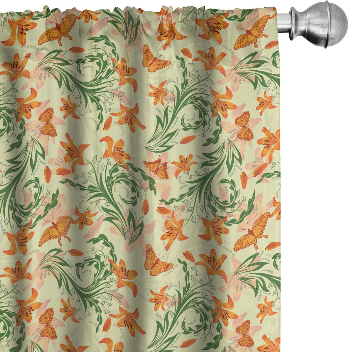 ABAKUHAUS Voorhangen – 2x75x225 cm – Gebogen bloemen & vlinders – Creme/Olijfgroen