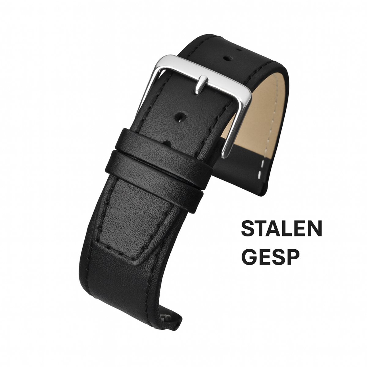 Horlogeband-horlogebandje-16mm-zwart-ZWART-gestikt-echt leer-plat-stalen- gesp-leer-16 mm
