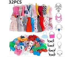 32 stuks, poppenaccessoires, Barbiekleding,kinderspeelgoed, poppen niet inbegrepen, geschikt voor poppen van 30 cm, kinderaankleedspeelgoed, 24 kledingstukken, 10 paar schoenen, 6 sieraden, 4 brillen-willekeurig